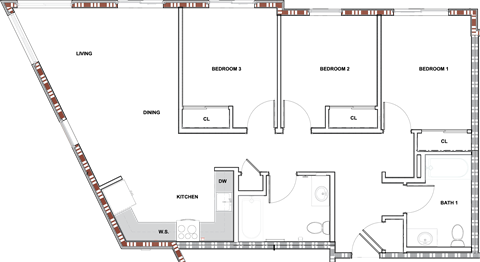 Floor plan for 3 beds, 2 baths, 1198 sqft